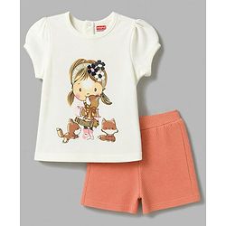 Babyhug 100% Cotton Single Jersey Knit Half Sleeves Top and Textured Shorts With Doll Graphic - White