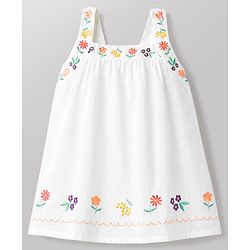 Babyhug Cotton Woven Sleeveless Floral Embroidered Frock - White