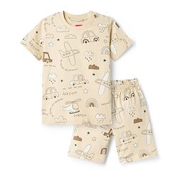 Babyhug Cotton Knit Half Sleeves Co-Ord T-Shirt & Shorts Night Suit With Car Print - Brown & Beige