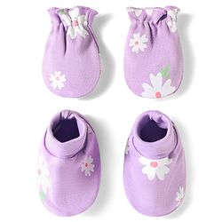 Babyhug 100% Cotton Knit Floral Printed Mittens & Booties Set - Purple