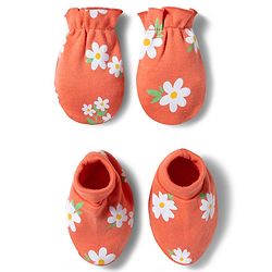 Babyhug 100% Cotton Knit Mittens & Booties with Floral Print - Multicolor