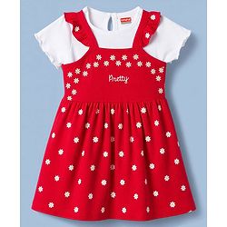 Babyhug 100% Cotton Single Jersey Knit Half Sleeves Floral & Text Printed Frock With Inner Tee - Red