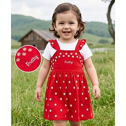 Babyhug 100% Cotton Single Jersey Knit Half Sleeves Floral & Text Printed Frock With Inner Tee - Red