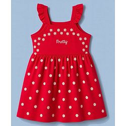 Babyhug 100% Cotton Single Jersey Knit Half Sleeves Floral & Text Printed Frock With Inner Tee - Red