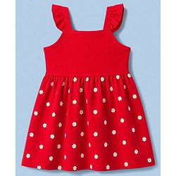 Babyhug 100% Cotton Single Jersey Knit Half Sleeves Floral & Text Printed Frock With Inner Tee - Red