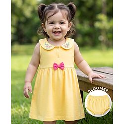 Babyhug Single Jersey Knit Half Sleeves Floral Embroidered Frock With Bloomer With Bow Applique - Yellow