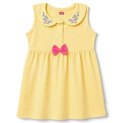 Babyhug Single Jersey Knit Half Sleeves Floral Embroidered Frock With Bloomer With Bow Applique - Yellow