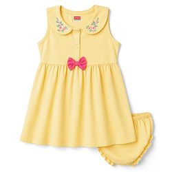 Babyhug Single Jersey Knit Half Sleeves Floral Embroidered Frock With Bloomer With Bow Applique - Yellow