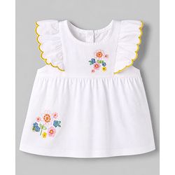 Babyhug 100% Cotton Woven Sleeveless Top with Floral Embroidery - White