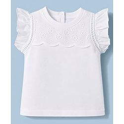 Babyhug 100% Cotton Knit Half Sleeves Solid Colour Top with Schiffli Detailing - White