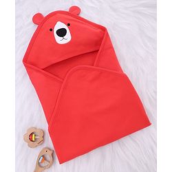 Babyhug Interlock Knit Hooded Towel with Animal Embroidery L 76 x B 76 cm - Red