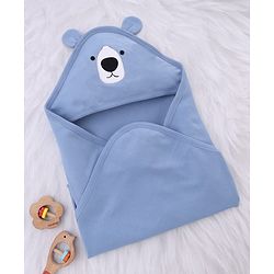 Babyhug Interlock Knit Hooded Towel with Animal Embroidery L 76 x B 76 cm - Blue