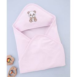 Babyhug Interlock Knit Hooded Wrapper With Panda Embroidery L 76 x B 76 cm - Pink