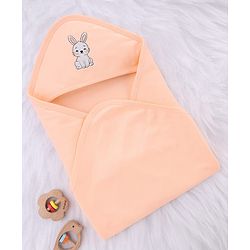 Babyhug Interlock Knit Hooded Towel with Animal Embroidery L 76 x B 76 cm - Peach