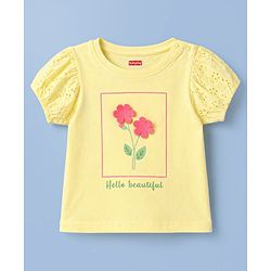 Babyhug Cotton Knit Half Sleeves Top With Floral Applique - Yellow