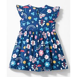 Babyhug Single Jersey Knit Frill Sleeves Printed Frock With Bloomer - Navy Blue