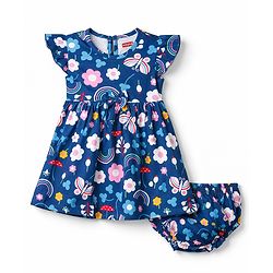 Babyhug Single Jersey Knit Frill Sleeves Printed Frock With Bloomer - Navy Blue