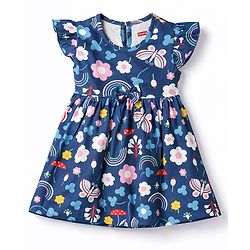 Babyhug Single Jersey Knit Frill Sleeves Printed Frock With Bloomer - Navy Blue