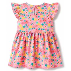 Babyhug Single Jersey Knit Half Sleeves Frock with Floral Print & Bow Applique - Peach