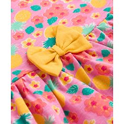 Babyhug Single Jersey Knit Half Sleeves Frock with Floral Print & Bow Applique - Peach