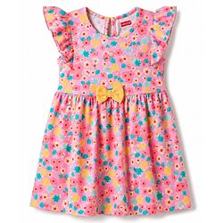 Babyhug Single Jersey Knit Half Sleeves Frock with Floral Print & Bow Applique - Peach