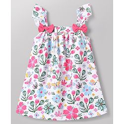 Babyhug Single Jersey Knit Sleeveless Floral & Butterfly  Printed Bow Applique Frock With Bloomer - Multicolor