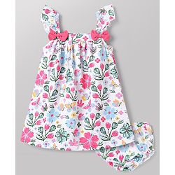 Babyhug Single Jersey Knit Sleeveless Floral & Butterfly  Printed Bow Applique Frock With Bloomer - Multicolor