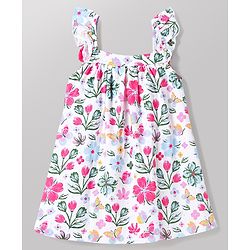 Babyhug Single Jersey Knit Sleeveless Floral & Butterfly  Printed Bow Applique Frock With Bloomer - Multicolor