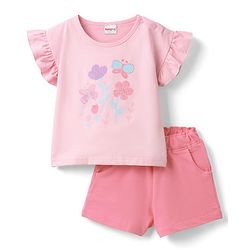 Babyhug Single Jersey Knit Half Sleeves Top & Shorts Set with Floral Print - Pink