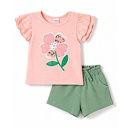 Babyhug 100% Cotton Single Jersey Knit Frill Sleeves Top & Shorts Set With Floral Print - Pink & Green