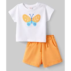 Babyhug Single Jersey Knit Half Sleeves Top & Shorts Set with Butterfly Embroidery - White & Orange