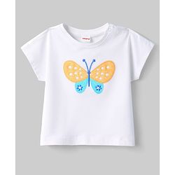Babyhug Single Jersey Knit Half Sleeves Top & Shorts Set with Butterfly Embroidery - White & Orange