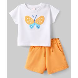 Babyhug Single Jersey Knit Half Sleeves Top & Shorts Set with Butterfly Embroidery - White & Orange