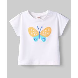 Babyhug Single Jersey Knit Half Sleeves Top & Shorts Set with Butterfly Embroidery - White & Orange