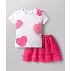 Babyhug Single Jersey Knit Half Sleeves Top & Skirt Set With Heart Print - White & Pink