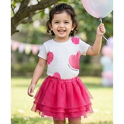 Babyhug Single Jersey Knit Half Sleeves Top & Skirt Set With Heart Print - White & Pink