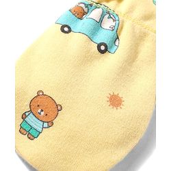 Babyhug 100% Cotton Knit Bear & Vehicles Printed Mittens & Booties Set - Yellow