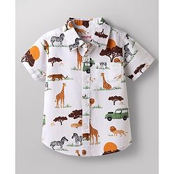 Babyhug Cotton Woven Shirt Half Sleeve Regular Collar Printed White 9-12 Months