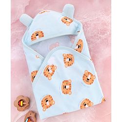 Babyhug Cotton Knit Hooded Towel With Tiger Print L 75 x B 75 cm - Light Blue