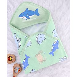 Babyhug Cotton Knit Hooded Towel With Shark Print & Embroidery L 75 x B 75 cm - Green