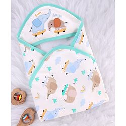 Babyhug Cotton Knit Hooded Towel With Elephant Print & Embroidery L 75 x B 75 cm - Blue