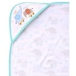Babyhug Cotton Knit Hooded Towel With Elephant Print & Embroidery L 75 x B 75 cm - Blue