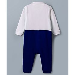 Babyhug Cotton Knit Full Sleeves Footed Solid Party Romper With Bow Applique & Attached Waistcoat - Blue
