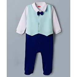 Babyhug Cotton Knit Full Sleeves Footed Solid Party Romper With Bow Applique & Attached Waistcoat - Blue