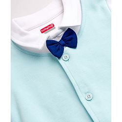 Babyhug Cotton Knit Full Sleeves Footed Solid Party Romper With Bow Applique & Attached Waistcoat - Blue