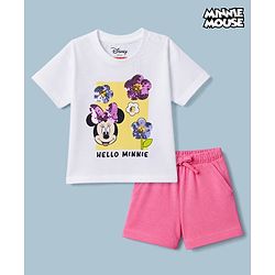 Babyhug Disney 100% Cotton Single Jersey Knit Half Sleeves T-Shirt and Shorts with Minnie Mouse & Flowers Print with Sequins - White, Pink