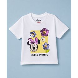 Babyhug Disney 100% Cotton Single Jersey Knit Half Sleeves T-Shirt and Shorts with Minnie Mouse & Flowers Print with Sequins - White, Pink