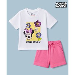 Babyhug Disney 100% Cotton Single Jersey Knit Half Sleeves T-Shirt and Shorts with Minnie Mouse & Flowers Print with Sequins - White, Pink