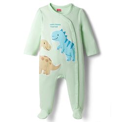 Babyhug Cotton Knit Full Sleeves Dino Embroidered Sleepsuit - Light Green