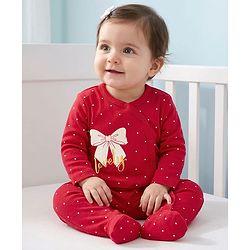 Babyhug Cotton Knit Full Sleeves Footed Sleep Suit With Polka Dot & Bow Print - Red